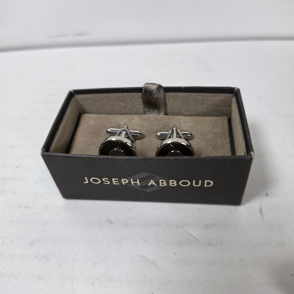 Joseph Abboud Mens Round Sunburst Inlay Silver Tone Cufflinks‎ with Box